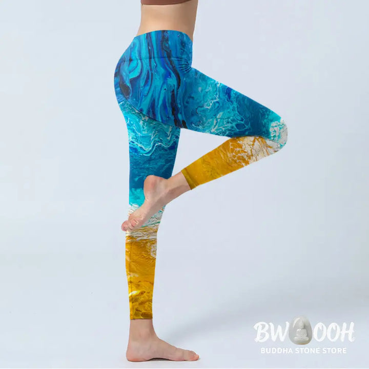 BWOOOH printed yoga leggings - Ocean Wave Golden Shore Pattern Print Gy