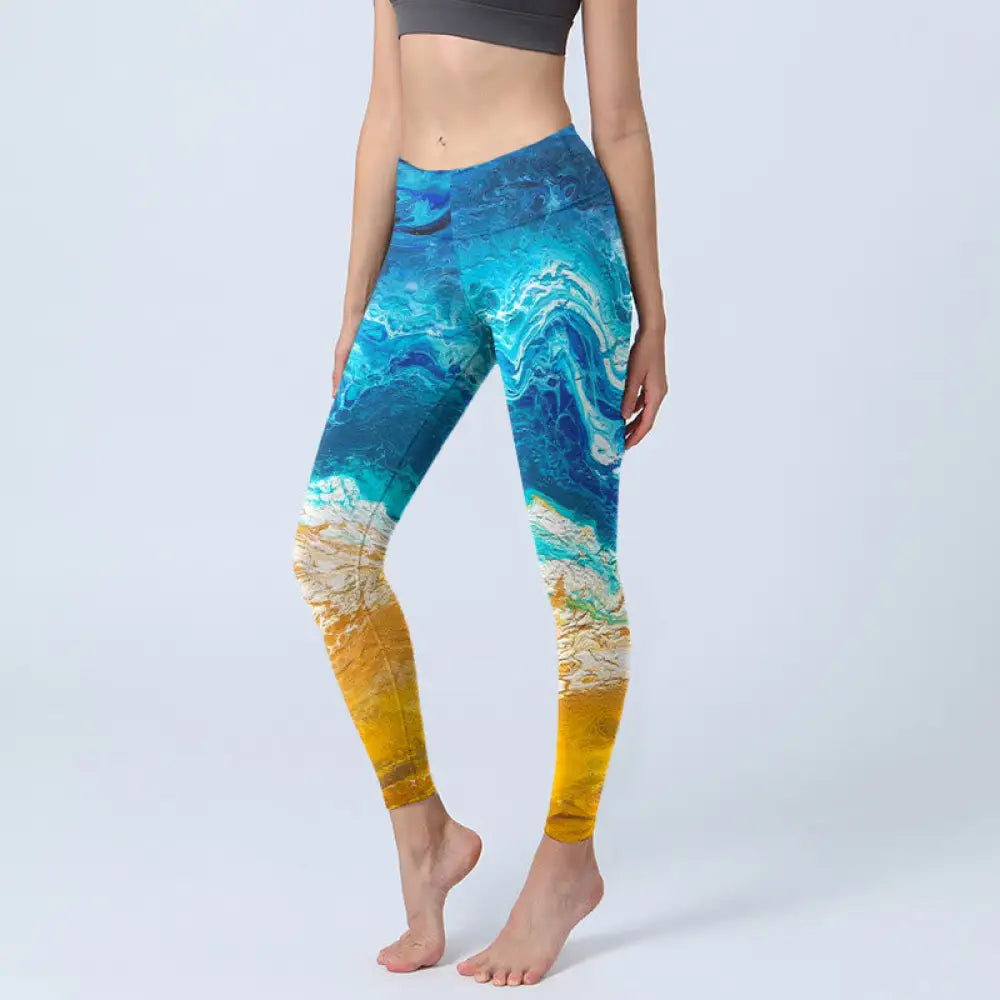 BWOOOH printed yoga leggings - Ocean Wave Golden Shore Pattern Print Gy