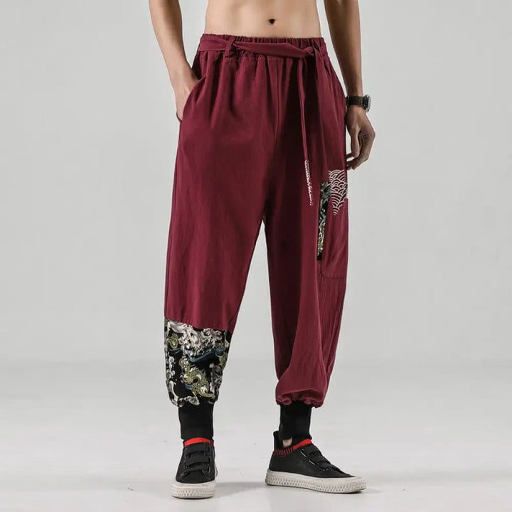 Buddha Stones Ocean Waves Lace-up Cotton Men’s Harem Pants With Pockets - IndianRed / US/UK/AU34，EU44 (M) - Men’s