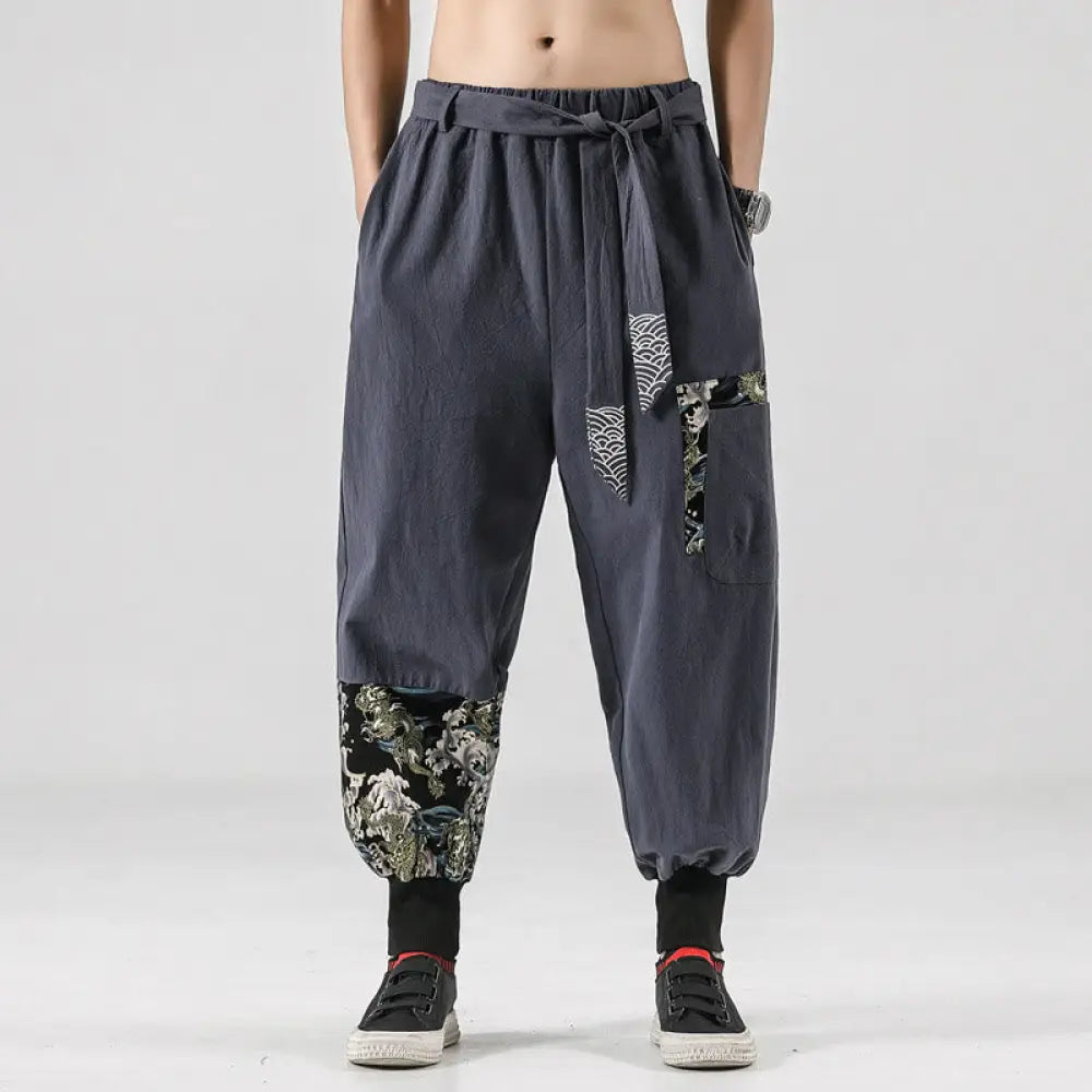 Buddha Stones Ocean Waves Lace-up Cotton Men’s Harem Pants With Pockets - LightGrey / US/UK/AU34，EU44 (M) - Men’s