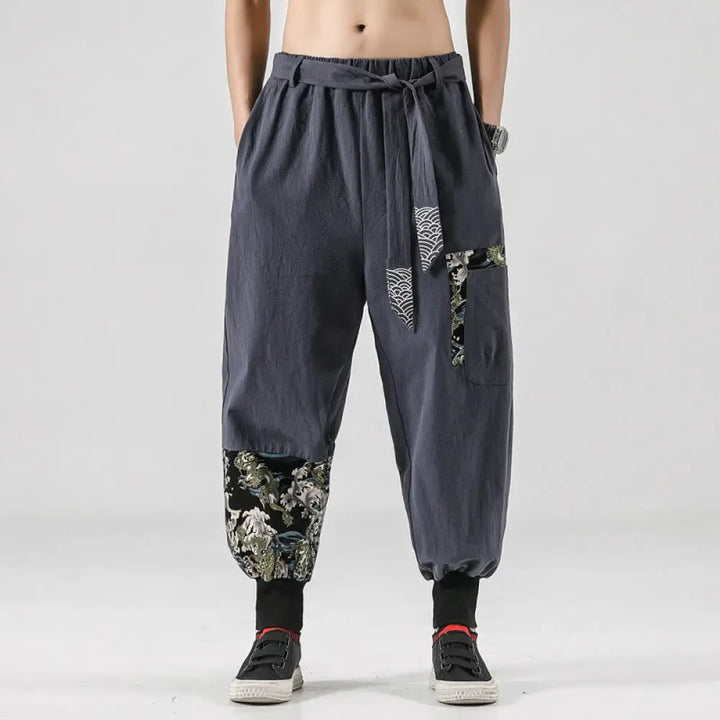 Buddha Stones Ocean Waves Lace-up Cotton Men’s Harem Pants With Pockets - LightGrey / US/UK/AU34，EU44 (M) - Men’s