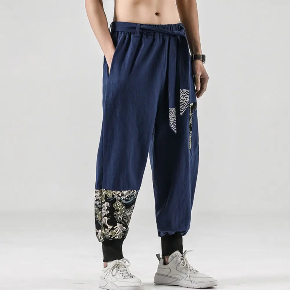 Buddha Stones Ocean Waves Lace-up Cotton Men’s Harem Pants With Pockets - SteelBlue / US/UK/AU34，EU44 (M) - Men’s