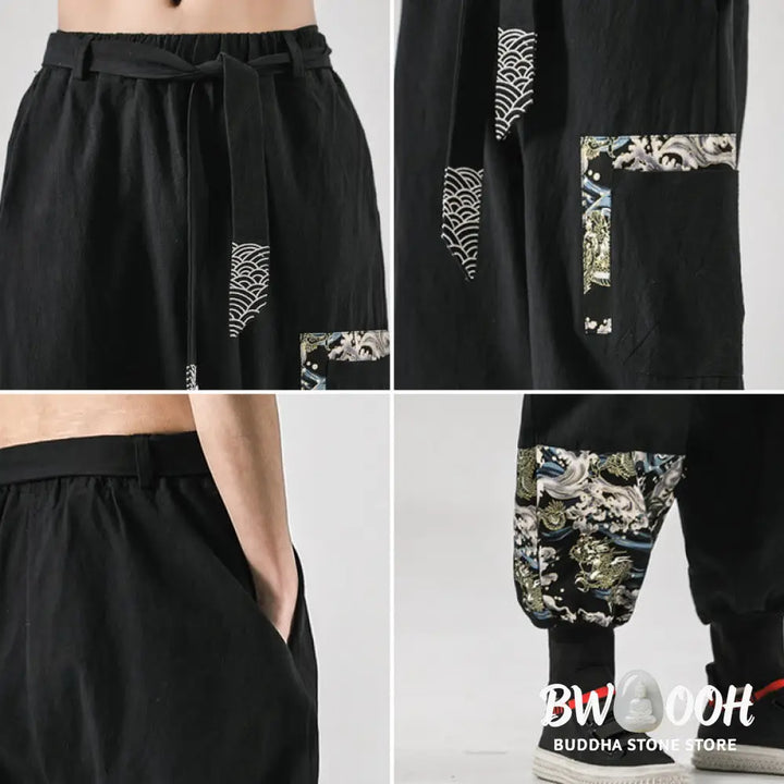 Buddha Stones Ocean Waves Lace-up Cotton Men’s Harem Pants With Pockets - Men’s Tapered Pants