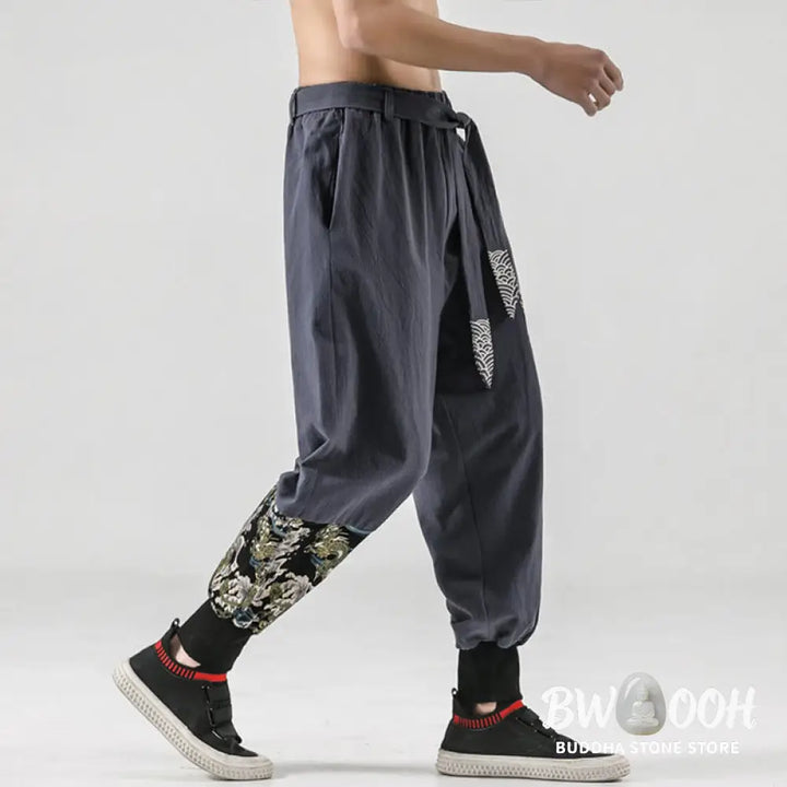 Buddha Stones Ocean Waves Lace-up Cotton Men’s Harem Pants With Pockets - Men’s Tapered Pants