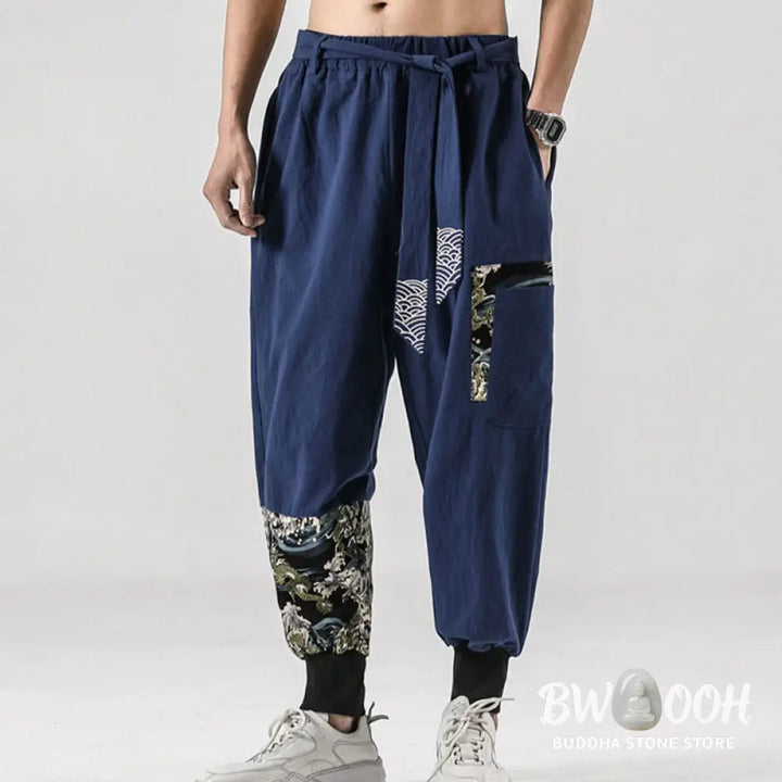 Buddha Stones Ocean Waves Lace-up Cotton Men’s Harem Pants With Pockets - Men’s Tapered Pants