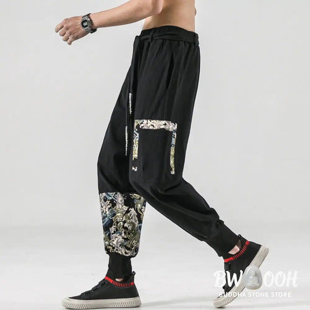 Buddha Stones Ocean Waves Lace-up Cotton Men’s Harem Pants With Pockets - Men’s Tapered Pants