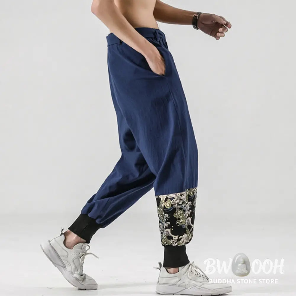 Buddha Stones Ocean Waves Lace-up Cotton Men’s Harem Pants With Pockets - Men’s Tapered Pants