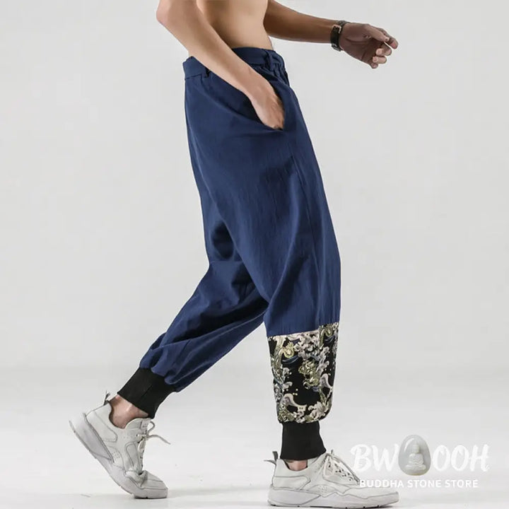 Buddha Stones Ocean Waves Lace-up Cotton Men’s Harem Pants With Pockets - Men’s Tapered Pants