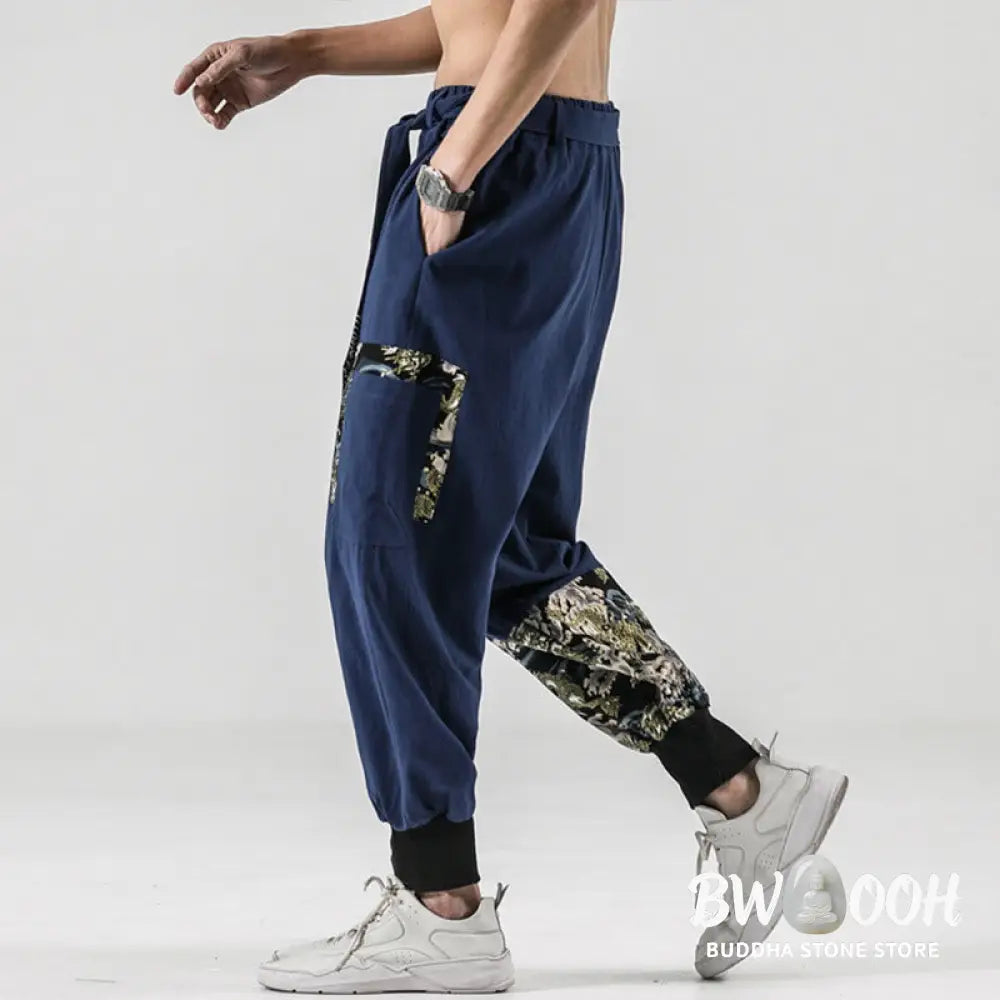 Buddha Stones Ocean Waves Lace-up Cotton Men’s Harem Pants With Pockets - Men’s Tapered Pants