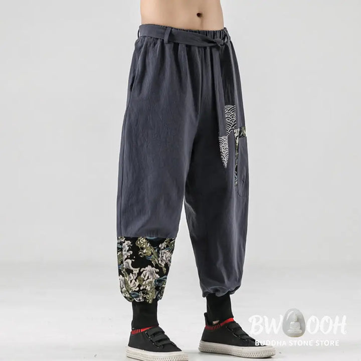 Buddha Stones Ocean Waves Lace-up Cotton Men’s Harem Pants With Pockets - Men’s Tapered Pants