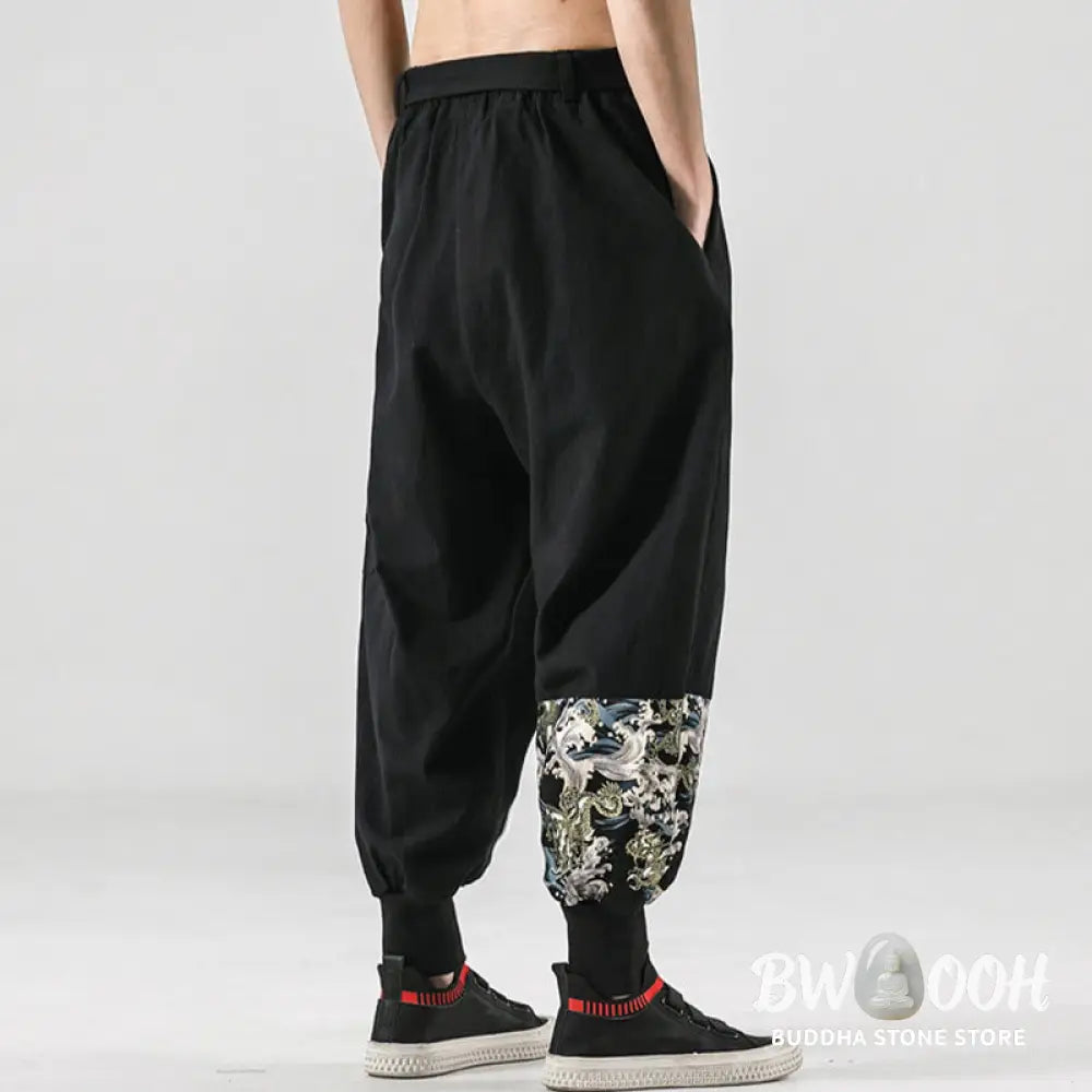 Buddha Stones Ocean Waves Lace-up Cotton Men’s Harem Pants With Pockets - Men’s Tapered Pants