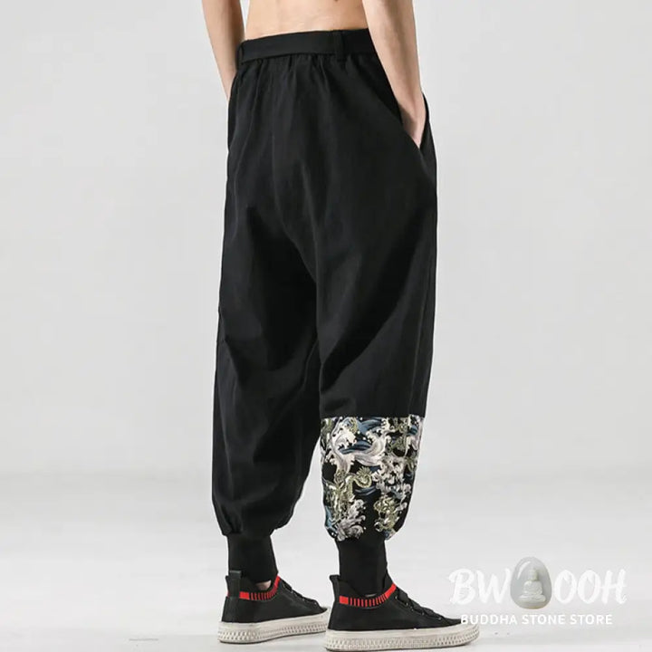 Buddha Stones Ocean Waves Lace-up Cotton Men’s Harem Pants With Pockets - Men’s Tapered Pants