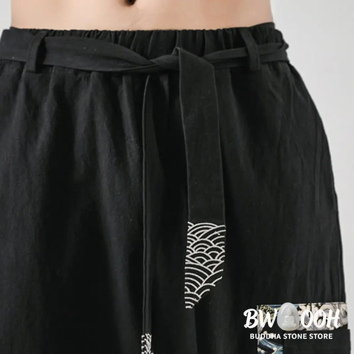 Buddha Stones Ocean Waves Lace-up Cotton Men’s Harem Pants With Pockets - Men’s Tapered Pants
