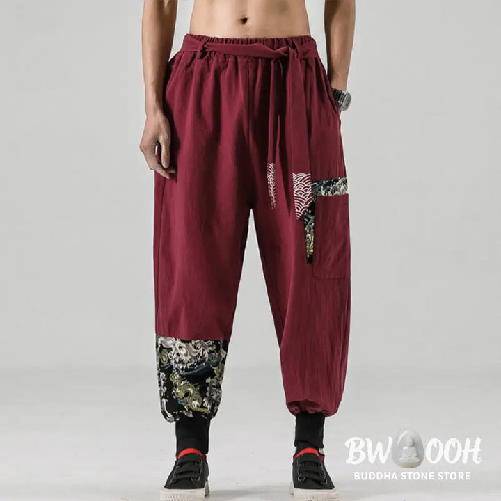 Buddha Stones Ocean Waves Lace-up Cotton Men’s Harem Pants With Pockets - Men’s Tapered Pants