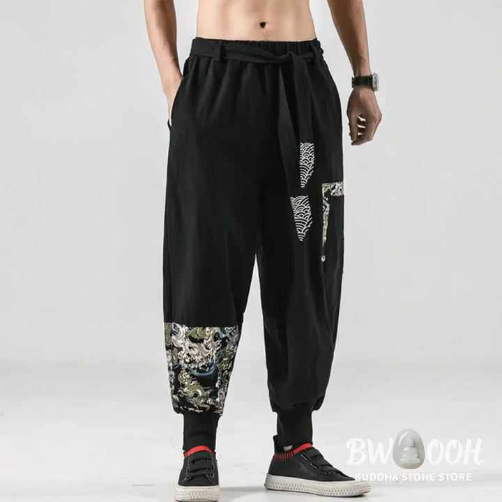 Buddha Stones Ocean Waves Lace-up Cotton Men’s Harem Pants With Pockets - Men’s Tapered Pants
