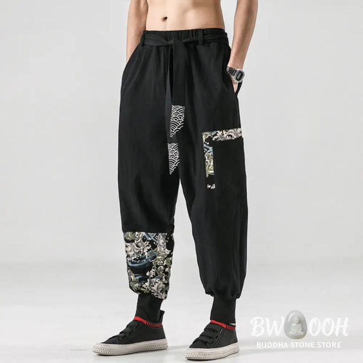 Buddha Stones Ocean Waves Lace-up Cotton Men’s Harem Pants With Pockets - Men’s Tapered Pants