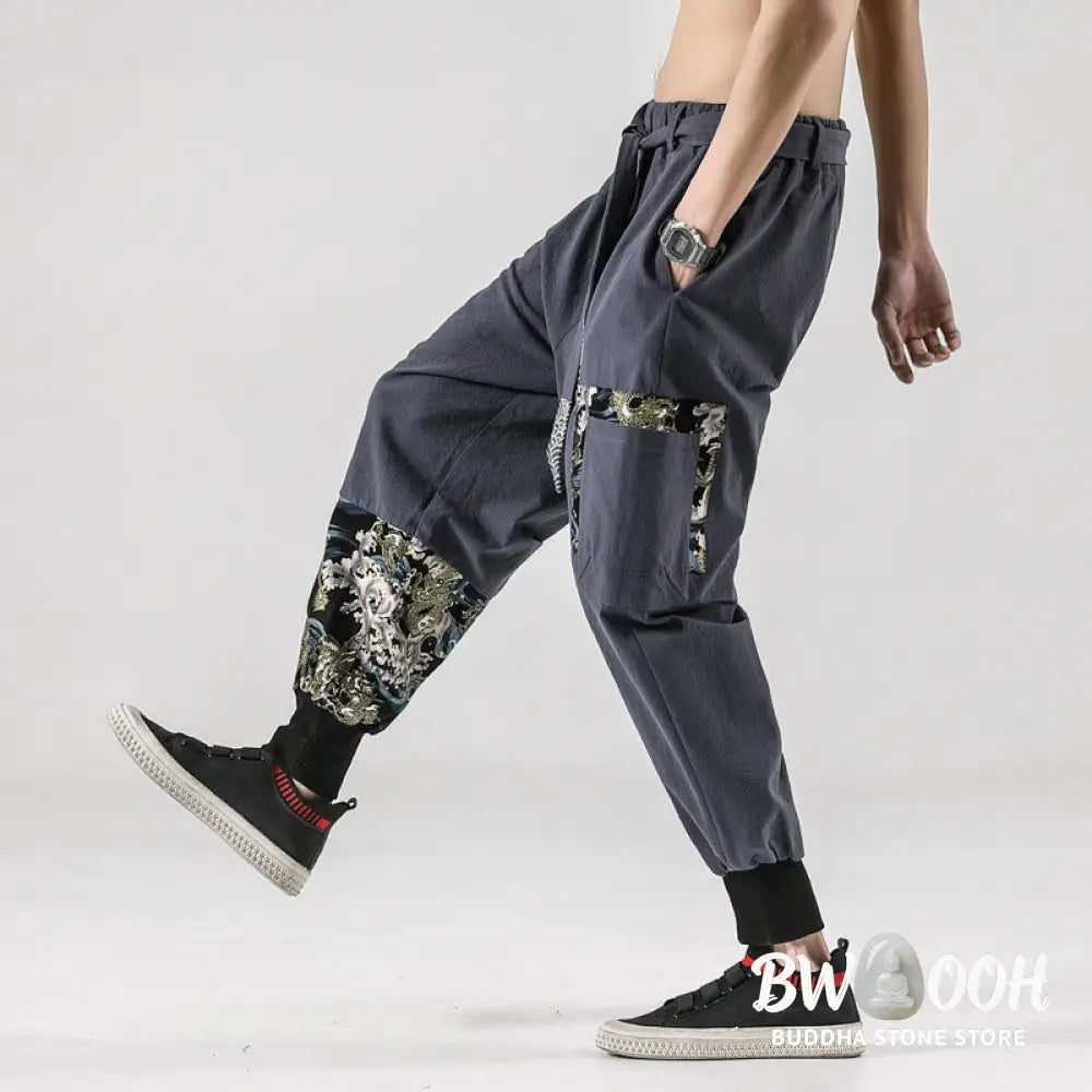 Buddha Stones Ocean Waves Lace-up Cotton Men’s Harem Pants With Pockets - Men’s Tapered Pants