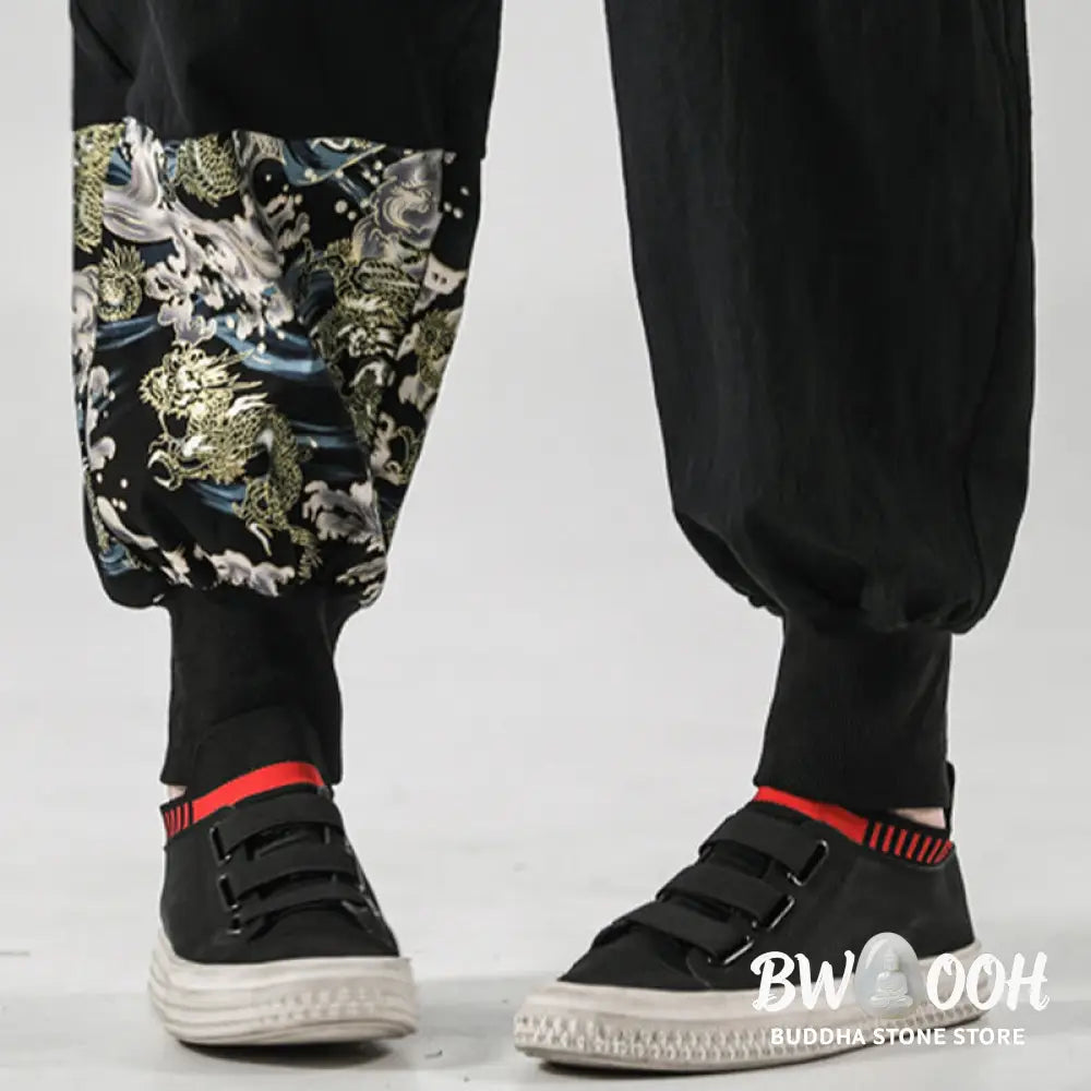 Buddha Stones Ocean Waves Lace-up Cotton Men’s Harem Pants With Pockets - Men’s Tapered Pants