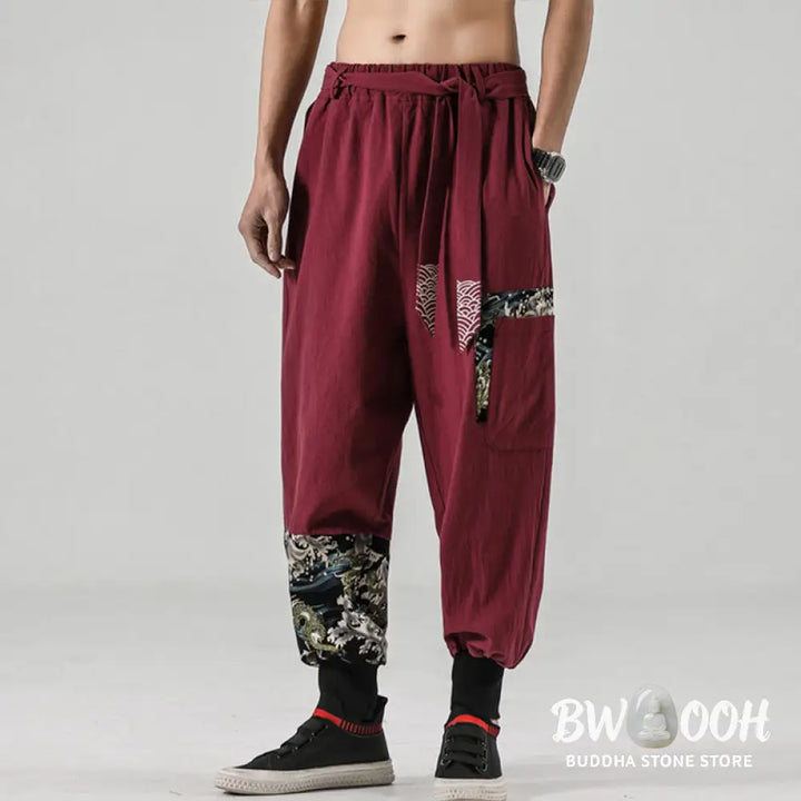 Buddha Stones Ocean Waves Lace-up Cotton Men’s Harem Pants With Pockets - Men’s Tapered Pants