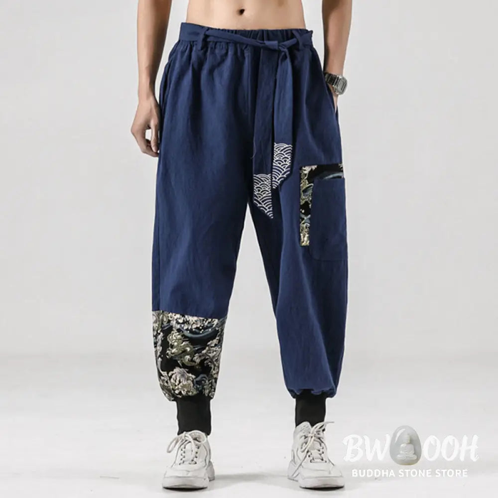 Buddha Stones Ocean Waves Lace-up Cotton Men’s Harem Pants With Pockets - Men’s Tapered Pants