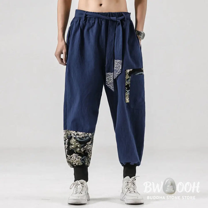Buddha Stones Ocean Waves Lace-up Cotton Men’s Harem Pants With Pockets - Men’s Tapered Pants