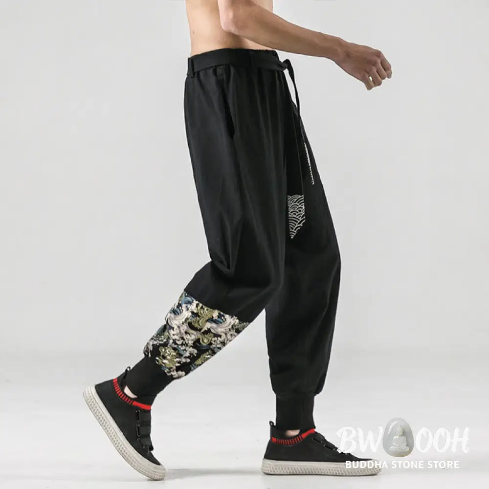 Buddha Stones Ocean Waves Lace-up Cotton Men’s Harem Pants With Pockets - Men’s Tapered Pants