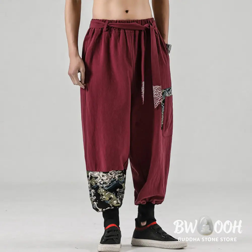 Buddha Stones Ocean Waves Lace-up Cotton Men’s Harem Pants With Pockets - Men’s Tapered Pants