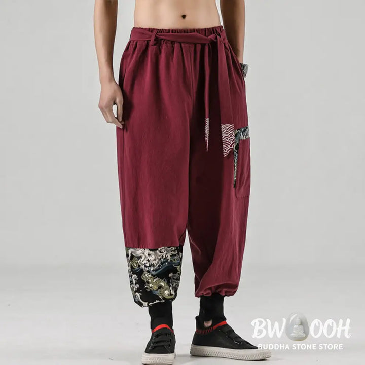 Buddha Stones Ocean Waves Lace-up Cotton Men’s Harem Pants With Pockets - Men’s Tapered Pants