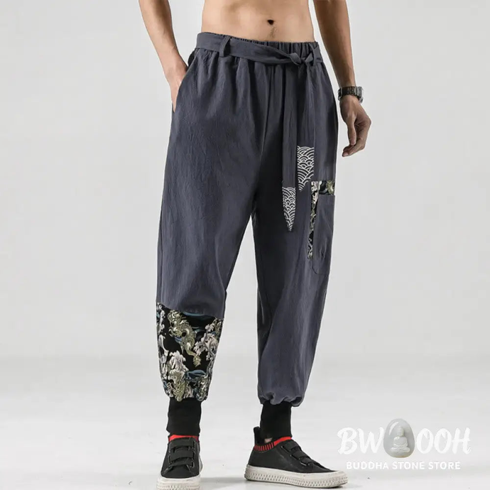 Buddha Stones Ocean Waves Lace-up Cotton Men’s Harem Pants With Pockets - Men’s Tapered Pants