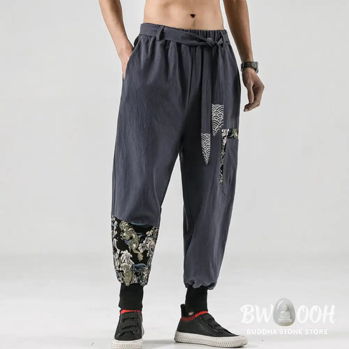 Buddha Stones Ocean Waves Lace-up Cotton Men’s Harem Pants With Pockets - Men’s Tapered Pants