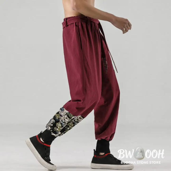 Buddha Stones Ocean Waves Lace-up Cotton Men’s Harem Pants With Pockets - Men’s Tapered Pants