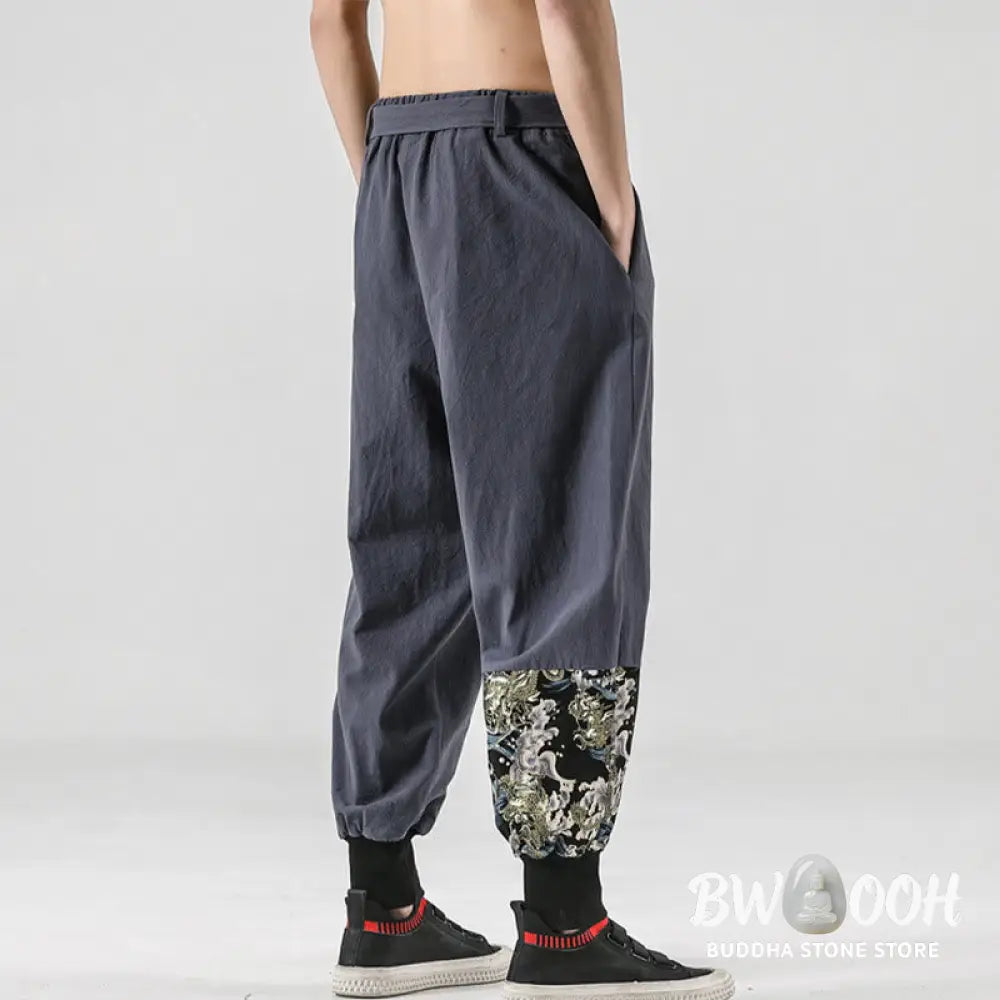 Buddha Stones Ocean Waves Lace-up Cotton Men’s Harem Pants With Pockets - Men’s Tapered Pants