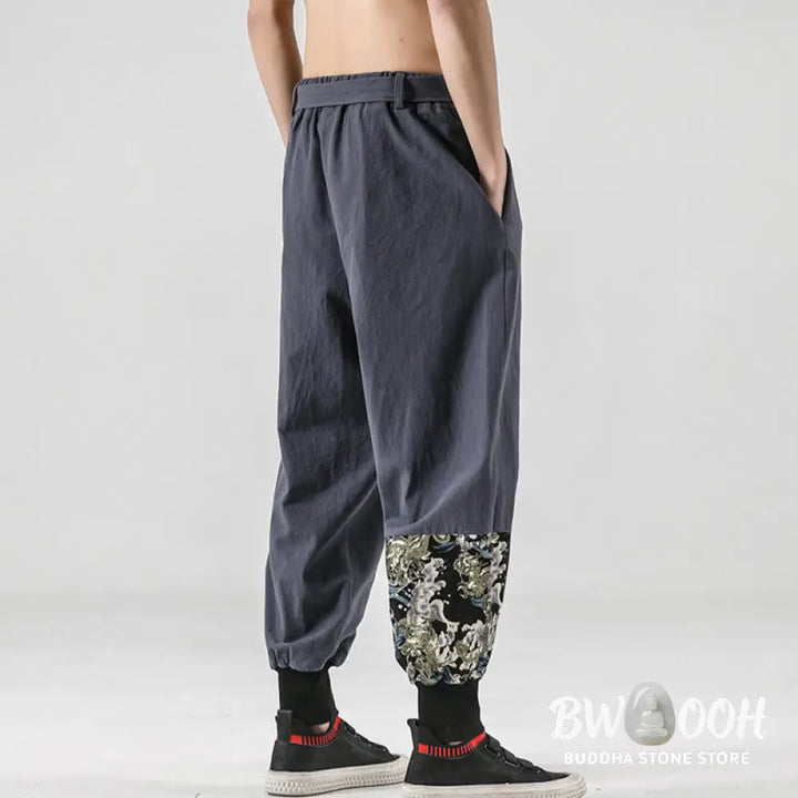Buddha Stones Ocean Waves Lace-up Cotton Men’s Harem Pants With Pockets - Men’s Tapered Pants