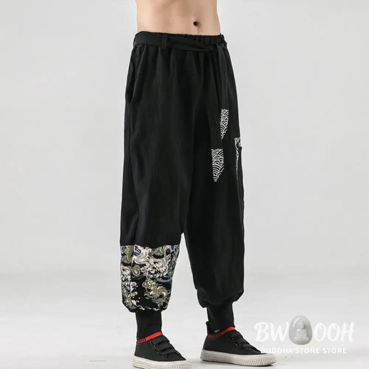 Buddha Stones Ocean Waves Lace-up Cotton Men’s Harem Pants With Pockets - Men’s Tapered Pants