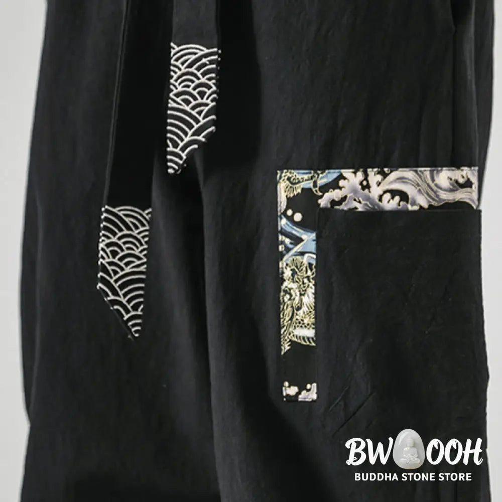 Buddha Stones Ocean Waves Lace-up Cotton Men’s Harem Pants With Pockets - Men’s Tapered Pants