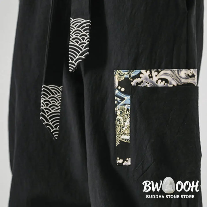 Buddha Stones Ocean Waves Lace-up Cotton Men’s Harem Pants With Pockets - Men’s Tapered Pants