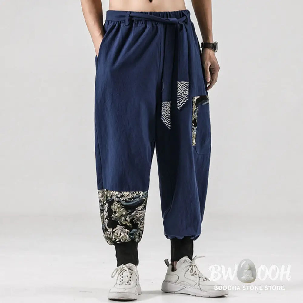 Buddha Stones Ocean Waves Lace-up Cotton Men’s Harem Pants With Pockets - Men’s Tapered Pants