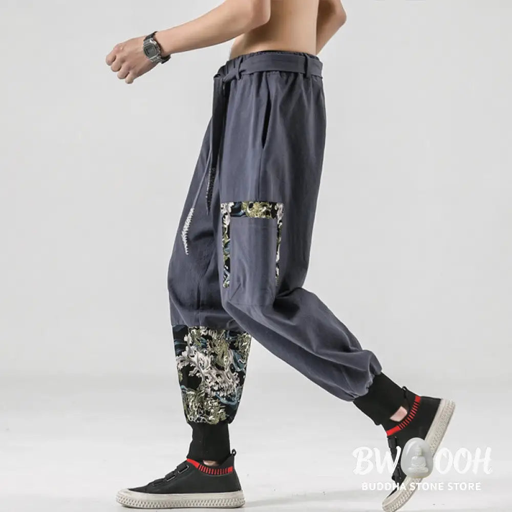 Buddha Stones Ocean Waves Lace-up Cotton Men’s Harem Pants With Pockets - Men’s Tapered Pants