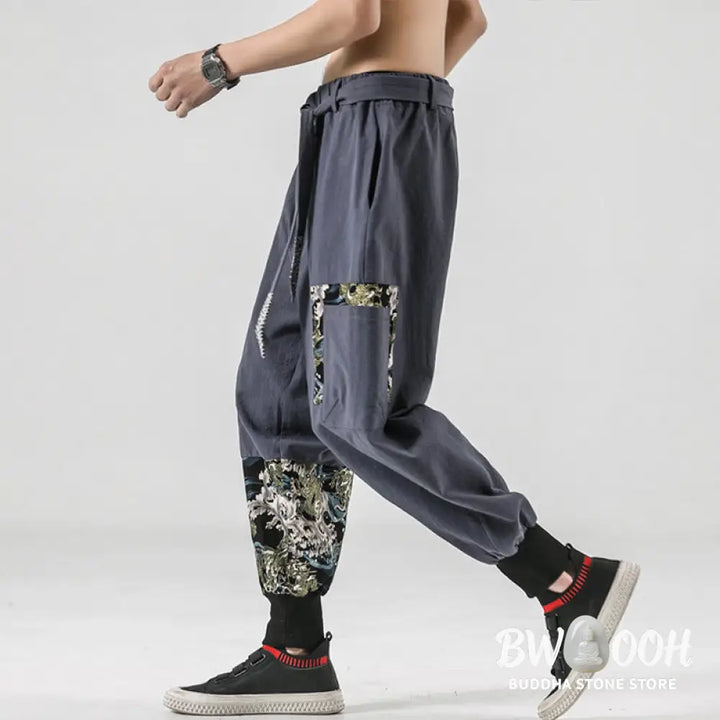 Buddha Stones Ocean Waves Lace-up Cotton Men’s Harem Pants With Pockets - Men’s Tapered Pants
