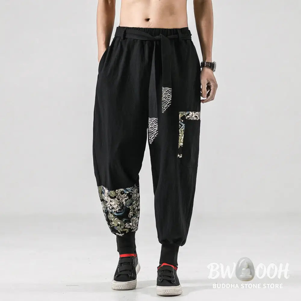 Buddha Stones Ocean Waves Lace-up Cotton Men’s Harem Pants With Pockets - Men’s Tapered Pants