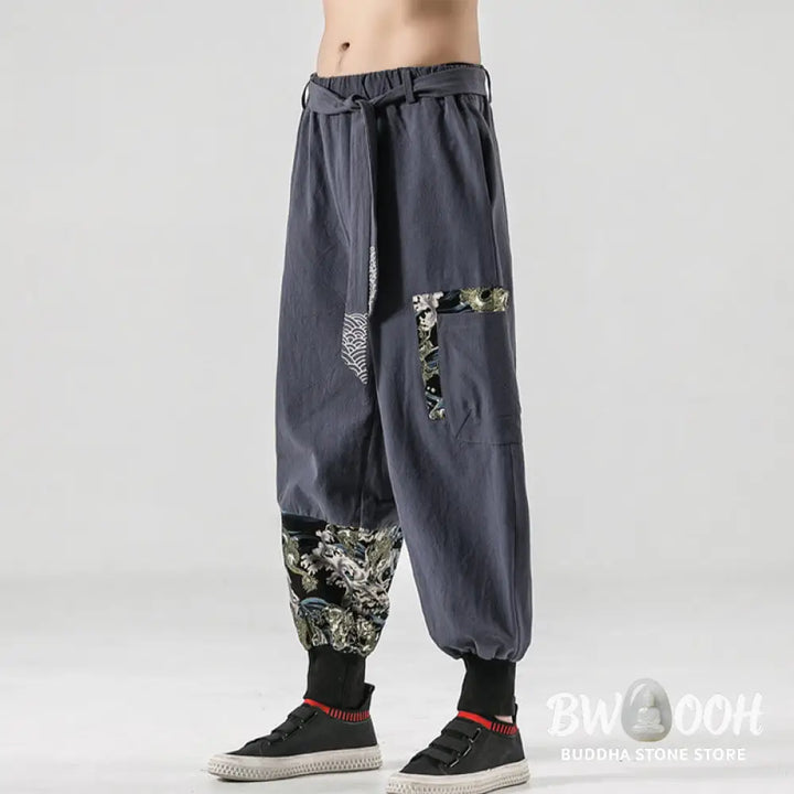 Buddha Stones Ocean Waves Lace-up Cotton Men’s Harem Pants With Pockets - Men’s Tapered Pants