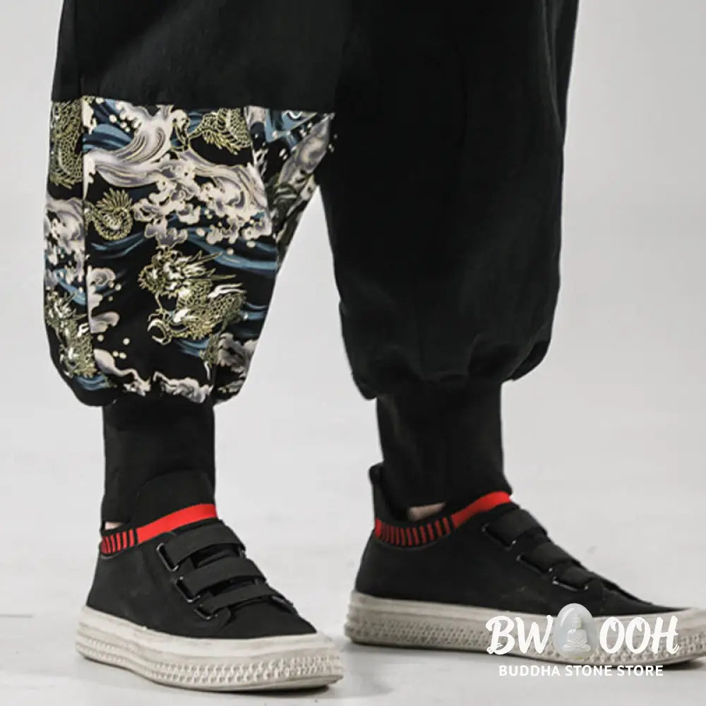 Buddha Stones Ocean Waves Lace-up Cotton Men’s Harem Pants With Pockets - Men’s Tapered Pants