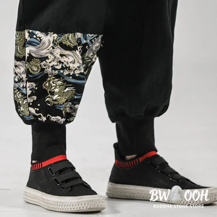 Buddha Stones Ocean Waves Lace-up Cotton Men’s Harem Pants With Pockets - Men’s Tapered Pants