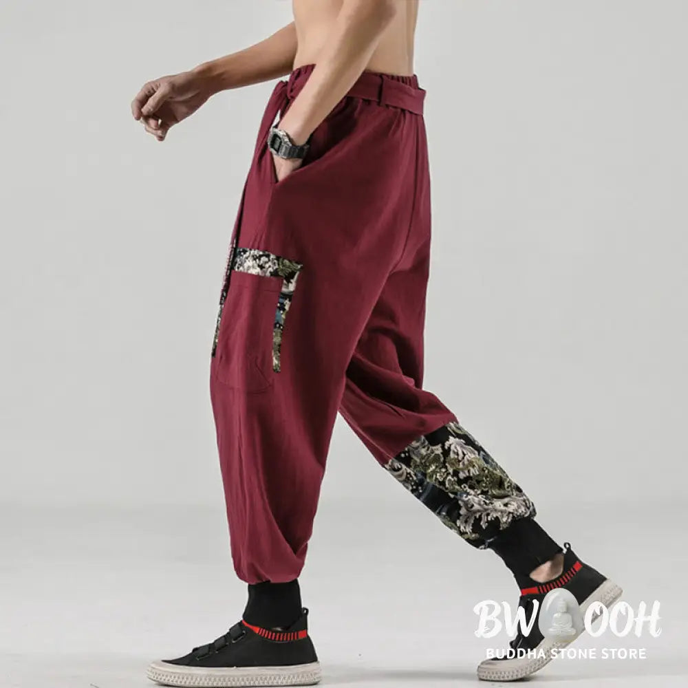 Buddha Stones Ocean Waves Lace-up Cotton Men’s Harem Pants With Pockets - Men’s Tapered Pants