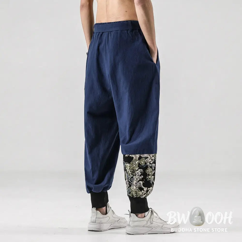 Buddha Stones Ocean Waves Lace-up Cotton Men’s Harem Pants With Pockets - Men’s Tapered Pants