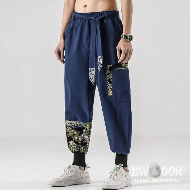 Buddha Stones Ocean Waves Lace-up Cotton Men’s Harem Pants With Pockets - Men’s Tapered Pants