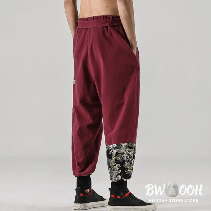 Buddha Stones Ocean Waves Lace-up Cotton Men’s Harem Pants With Pockets - Men’s Tapered Pants