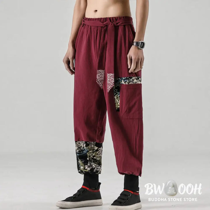 Buddha Stones Ocean Waves Lace-up Cotton Men’s Harem Pants With Pockets - Men’s Tapered Pants