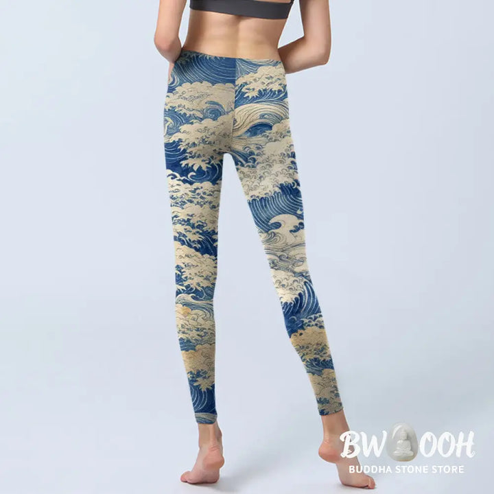 BWOOOH printed yoga leggings - Ocean Waves Pattern Print Gym Leggings W