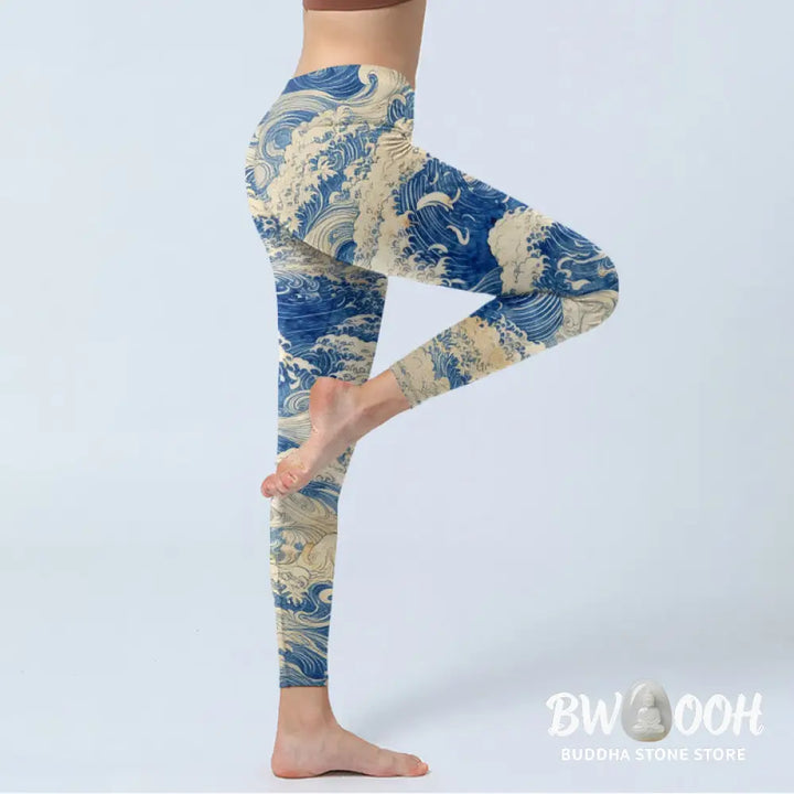 BWOOOH printed yoga leggings - Ocean Waves Pattern Print Gym Leggings W